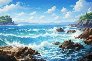 ai généré magnifique paysage marin avec rochers et bleu mer. numérique peinture, une rocheux plage paysage vue avec rugueux mer vagues et magnifique ciel, ai généré photo