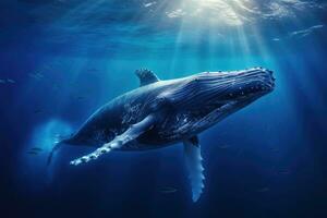 ai généré à bosse baleine nager dans Profond bleu océan. sous-marin la photographie, une baleine gracieusement nager dans le Profond bleu mer, Plus précisément une à bosse baleine dans le océan, ai généré photo