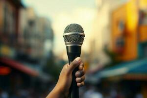 ai généré Urbain discours main détient microphone, prêt pour ville narration photo