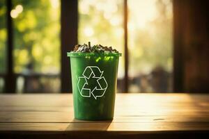 ai généré éco amical tableau coloré recyclage bacs soigneusement doublé en haut sur une mur photo