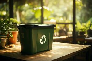 ai généré ensoleillé durabilité recyclage poubelle sur une en bois tableau, embrassement lumière du soleil photo