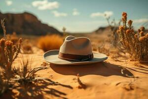 ai généré chapeau à du repos sur sablonneux désert terrain, un oasis de style photo