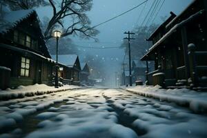 ai généré neige couvert sérénité une silencieux rue avec doux flocons doucement chute photo