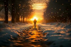 ai généré hiver promenade la personne des promenades sur neigeux route à le coucher du soleil photo