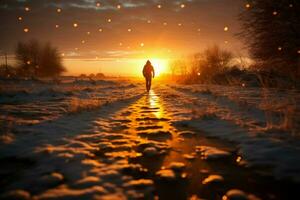 ai généré le coucher du soleil vagabond individuel traverse neigeux chemin sur hiver soir photo