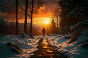 ai généré hiver randonnée la personne des promenades sur neigeux route à le coucher du soleil photo