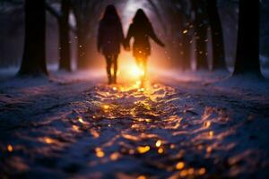 ai généré le coucher du soleil neige marcher la personne sur neigeux route, baigné dans crépuscule photo