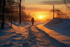 ai généré hiver randonnée la personne des promenades sur neigeux route à le coucher du soleil photo