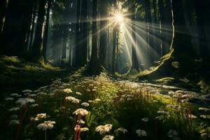 ai généré forêt cathédrale rayons de soleil transpercer dense canopée, éclairant fleurs sauvages sous photo