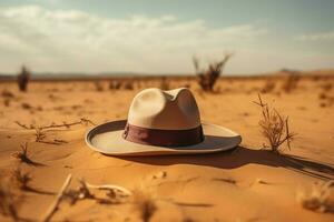 ai généré élégant chapeau repose contre le toile de fond de sablonneux désert alentours photo
