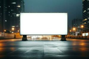 ai généré Urbain La publicité espace un vide panneau d'affichage des stands prêt pour attention photo