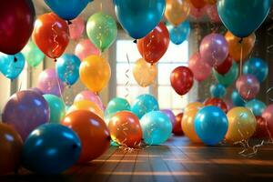 ai généré anniversaire jubilation coloré des ballons plate-forme le côtés dans de bonne humeur fête photo