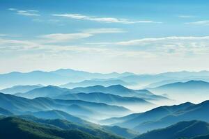 ai généré clair bleu ciel cadres une serein Matin vue de montagnes photo