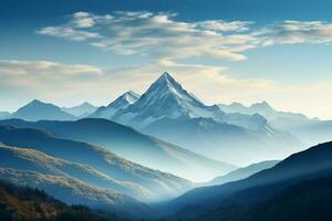 ai généré montagnes dans le Matin lumière en dessous de une toile de fond de clair bleu photo