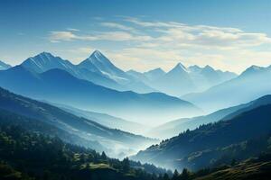 ai généré montagnes dans le Matin lumière en dessous de une toile de fond de clair bleu photo