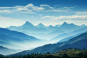 ai généré Matin sérénité montagnes supporter contre une clair, bleu ciel toile de fond photo