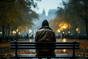 ai généré ville pluie contemplation la personne sur une banc absorbe le humide ambiance photo