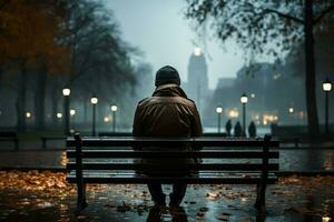 ai généré pluvieux journée repos la personne sur une banc, ville vue obscurci photo