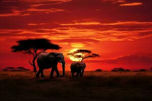 ai généré l'éléphant silhouettes pâturer dans savane, baigné dans le africain le coucher du soleil photo