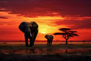 ai généré africain horizon éléphants pacifiquement pâturer pendant une étourdissant savane le coucher du soleil photo