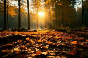 ai généré lumière du soleil perce par l'automne feuilles, moulage une serein forêt lueur photo