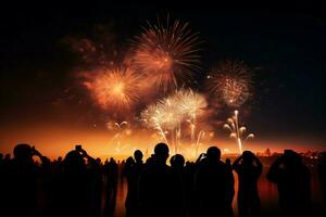 ai généré nuit spectacle silhouettes regarder feux d'artifice peindre le ciel dans fête photo