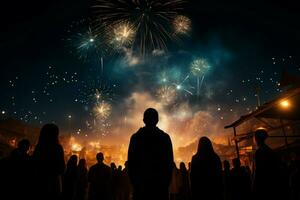 ai généré vers le ciel regard feux d'artifice éclairer le nuit comme gens regarder dans admiration photo