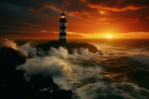 ai généré falaise sentinelle côtier phare grâces robuste falaises dans le le coucher du soleil photo