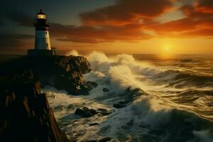 ai généré soir regarder côtier phare un haut robuste falaises contre une le coucher du soleil toile de fond photo