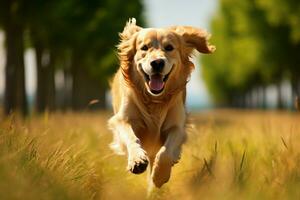 ai généré gracieux sprint d'or retriever court librement dans une ensoleillé Prairie photo