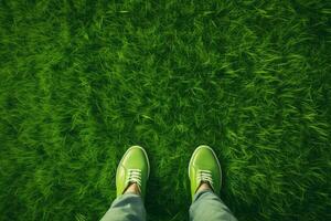 ai généré pieds dans vert baskets sur vert herbe Contexte. Haut voir, Capturer une directement au dessus coup de Frais vert herbe ou pelouse, ai généré photo