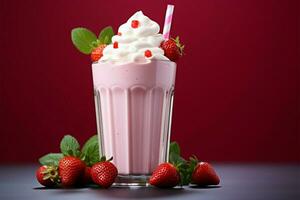 ai généré estivale indulgence rose Frais Milk-shake avec fraise, yaourt, et crème photo