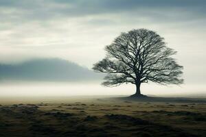 ai généré seul arbre émerge gracieusement de le brouillard dans un ouvert champ photo