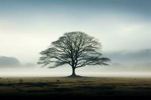 ai généré seul arbre émerge gracieusement de le brouillard dans un ouvert champ photo