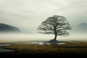 ai généré solitaire arbre émerge de brume, une majestueux figure dans ouvert champ photo