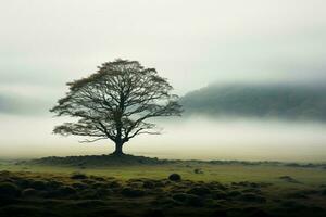 ai généré majestueux isolement une solitaire arbre émerge de le brouillard seul photo