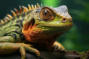 ai généré lézard élégance proche en haut de reptile sur arbre bifurquer, étourdissant toile de fond photo