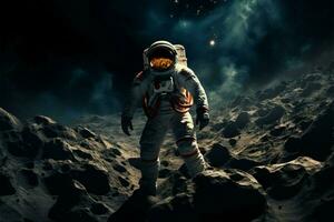 ai généré espace voyageur astronaute portant une scaphandre explorant le les lunes surface photo