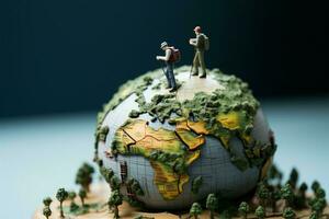 ai généré globe explorateurs miniature les voyageurs naviguer leur périple à travers le globe photo