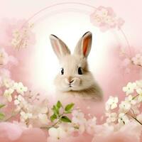 ai généré rose Contexte avec une mignonne et capricieux Pâques lapin dans le centre, entouré par printemps fleurs photo