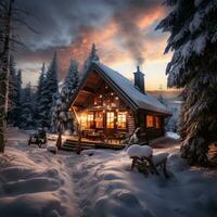 ai généré une rustique cabine avec une fumeur cheminée est assis dans une neigeux paysage, photo