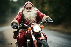 ai généré Père Noël sur moto avec gros mauvais. photo