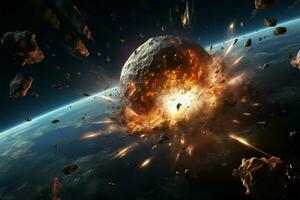 ai généré astronomique le chaos météore impact, astéroïde apocalypse, et espace explosion illustration photo
