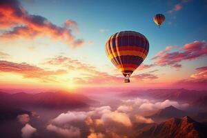 ai généré ballon périple lever du soleil arrière-plan, chaud été, liberté et Voyage photo