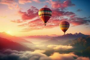 ai généré lever du soleil aventure chaud été paysage avec ballon, air Voyage amusement photo