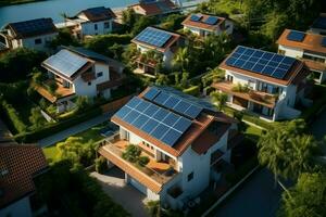ai généré durable vivant aérien vue de Résidentiel solaire panneau installations photo