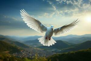 ai généré à plumes élégance paisible blanc Colombe monte en flèche haute dans le ciel photo