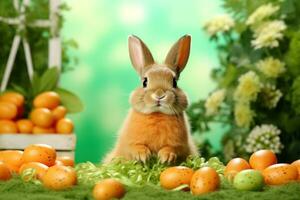 ai généré vert Contexte avec une mignonne et capricieux Pâques lapin dans le centre, entouré par printemps fleurs photo