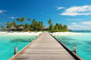 ai généré paume bordé jetée tropical paysage avec en bois jetée, Maldives îles photo