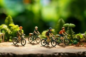 ai généré en voyageant cyclistes miniature Les figures sur vélos, vert bokeh toile de fond scène photo